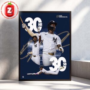 Jazz Chisholm Jr New York Yankees 30 30 Club 2025 Home Runs And Stolen Bases Record Home Decor Poster Canvas
