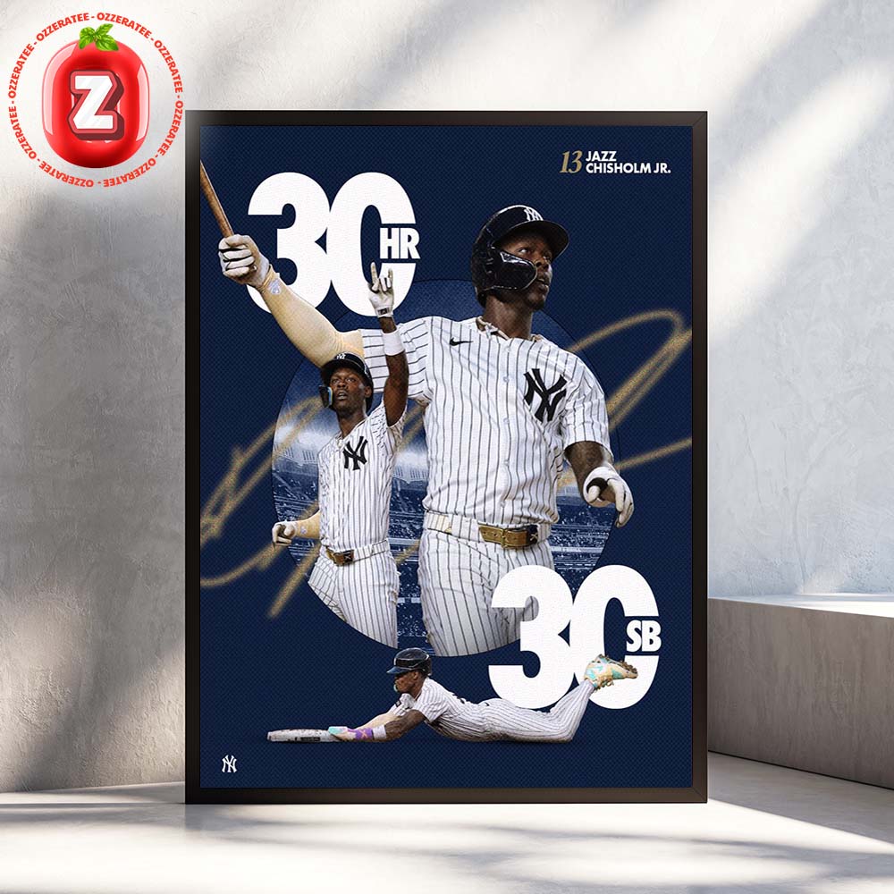 Jazz Chisholm Jr New York Yankees 30 30 Club 2025 Home Runs And Stolen Bases Record Home Decor Poster Canvas