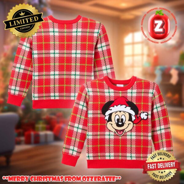 Disney Mickey Mouse 2025 Ugly Christmas Sweater Red Plaid Holiday Knit Jumper