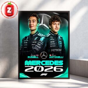 Mercedes AMG F1 Team Poster Featuring George Russell And Kimi Antonelli For 2026 Formula One Season Announcement Artwork Home Decor Poster Canvas