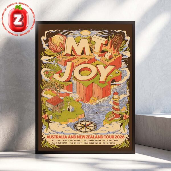 Mt Joy Tour Poster At Various Venues In Australia And New Zealand On February 2026 Australia And New Zealand Tour Island Landscape Artwork Home Decor Poster Canvas