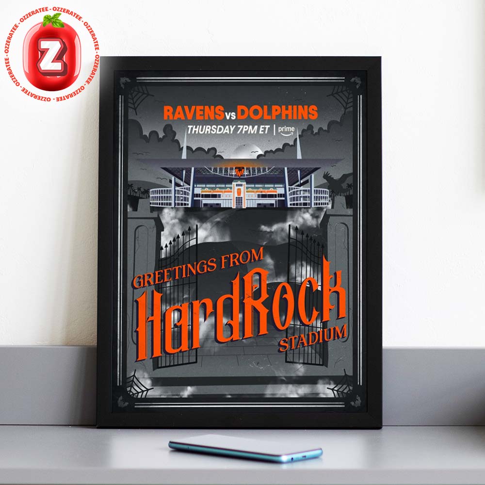 Baltimore Ravens vs Miami Dolphins Matchup Poster At Hard Rock Stadium In Miami FL On Thursday 2025 Prime Video Halloween Theme Artwork Home Decor Poster Canvas Baltimore Ravens vs Miami Dolphins Matchup Poster At Hard Rock Stadium In Miami FL On Thursday 2025 Prime Video Halloween Theme Artwork Home Decor Poster Canvas