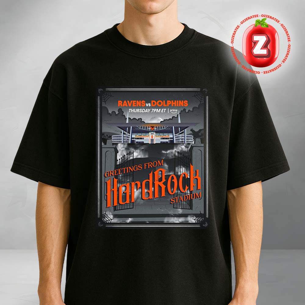 Baltimore Ravens vs Miami Dolphins Matchup Poster At Hard Rock Stadium In Miami FL On Thursday 2025 Unisex T-Shirt Baltimore Ravens vs Miami Dolphins Matchup Poster At Hard Rock Stadium In Miami FL On Thursday 2025 Unisex T-Shirt