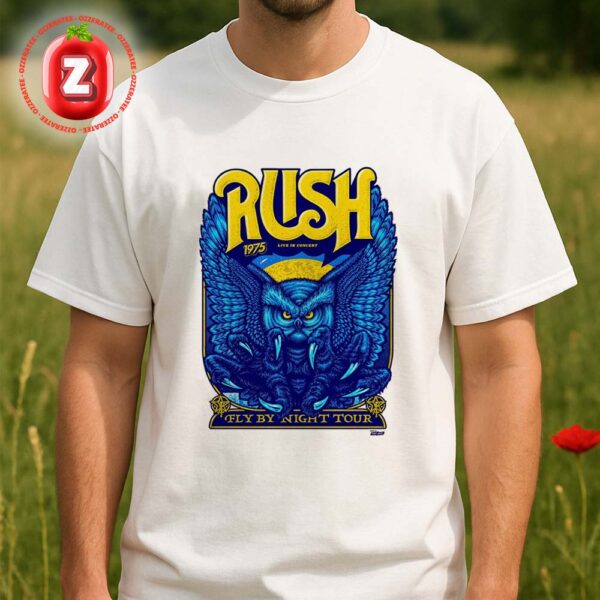 Rush Music Poster At Live Concert In Toronto Canada On 1975 Fly By Night Tour Blue Owl Artwork Unisex T-Shirt