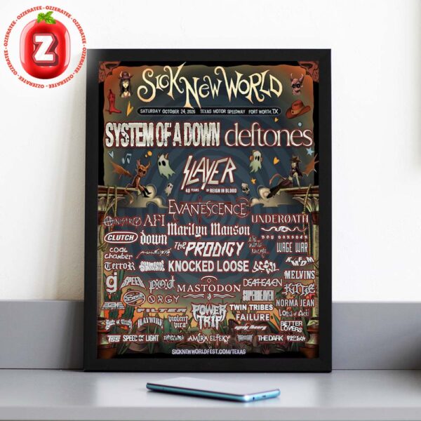 Sick New World Festival Poster At Texas Motor Speedway In Fort Worth On October 24 2026 System Of A Down Slayer Deftones Lineup Artwork Home Decor Poster Canvas
