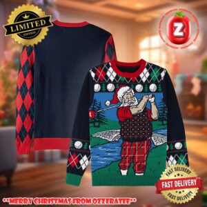 Teeing Off Golfing Santa Claus Ugly Christmas Sweater 2025