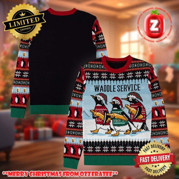 Waddle Service Penguin Santa Claus 2025 Ugly Christmas Sweater