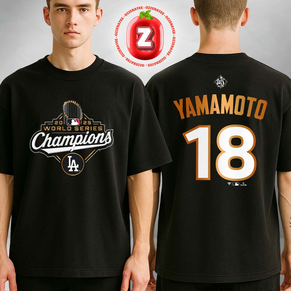 Los Angeles Dodgers Yoshinobu Yamamoto Fanatics Black 2025 World Series Champions Custom Name & Number Two Sides Unisex T-Shirt Los Angeles Dodgers Yoshinobu Yamamoto Fanatics Black 2025 World Series Champions Custom Name & Number Two Sides Unisex T-Shirt